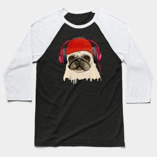 Pug, pug face and music headphones, pug lovers, gift for pug lovers Baseball T-Shirt